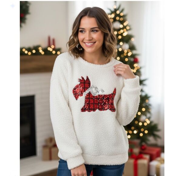 Scottie Dog Sweater Teddy Bear Style Sherpa Pullover Sequin Cozy Soft Womens XL - Picture 1 of 8